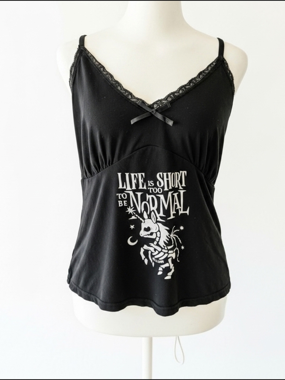 Killstar Black Lace-Trim Graphic Cami - 'Life Is Short' Print